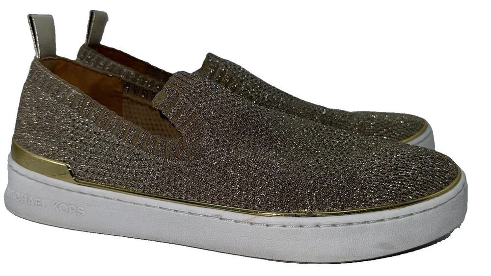 Michael Kors Keaton Slip On Sneakers Womens 8M Gold Metallic Glitter Knit